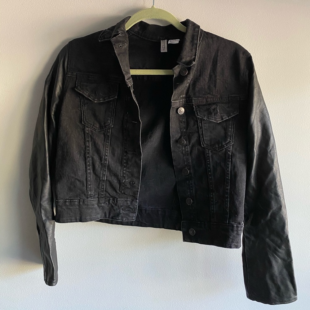 H&M Divided Vegan Faux Leather Sleeved Jean Jacket